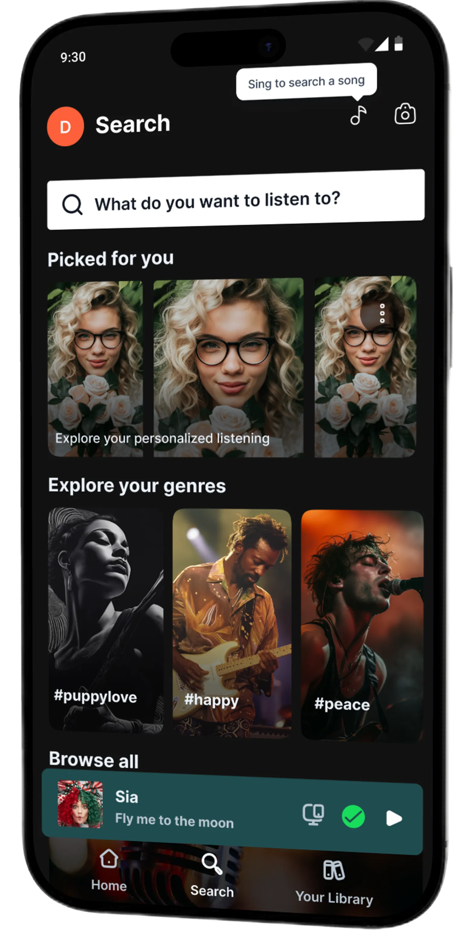 Spotify search screen showing personalized picks, genres and a voice-search prompt